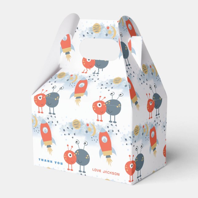 Aliens Space Pattern Thank You Boy Birthday Party Favor Boxes (Front Side)