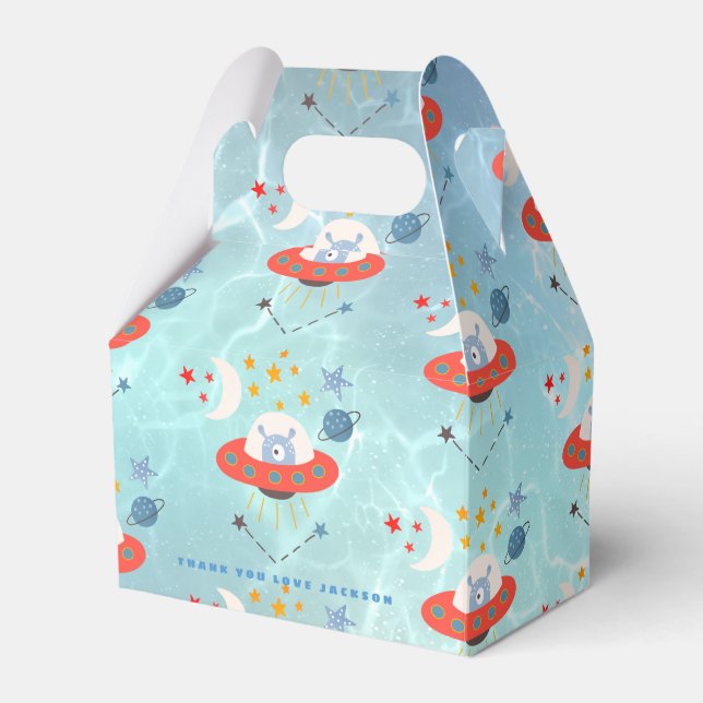 Aliens Space Pattern Thank You Favor Teal Birthday Boxes (Front Side)