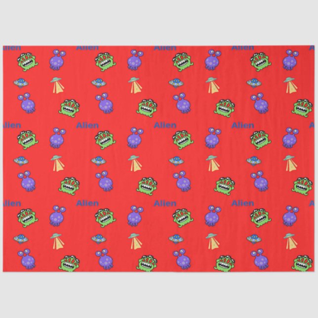 Aliens spacecraft with text pattern on red tissue paper (Front)