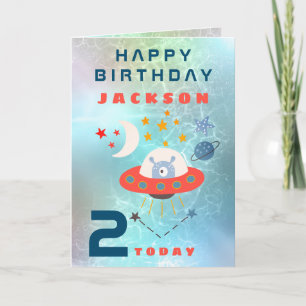 Aliens Spaceship Age 2 Birthday Space Teal Card