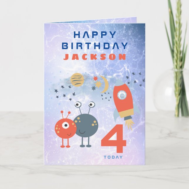 Aliens Spaceship Age 4 Birthday Space Lilac Card (Front)