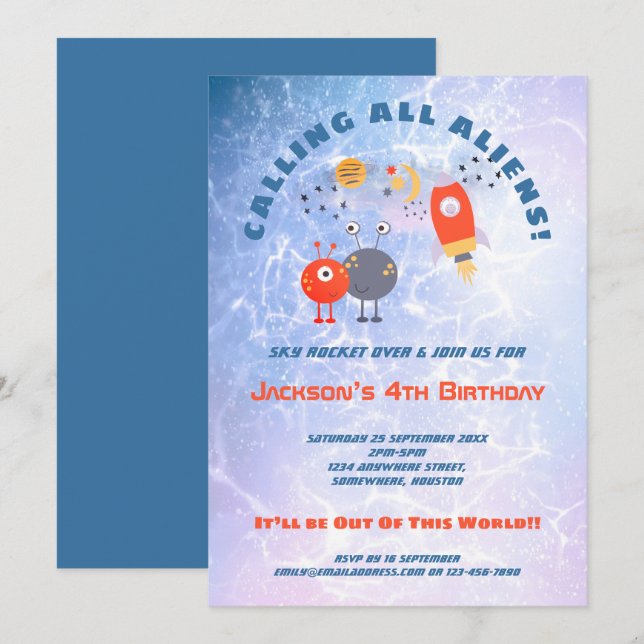 Aliens Spaceship Boy Blue Lilac 4th Birthday party Invitation (Front/Back)