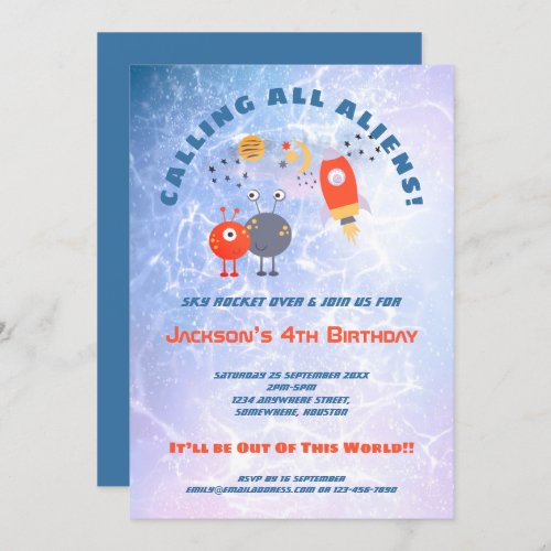 Aliens Spaceship Boy Blue Lilac 4th Birthday party Invitation