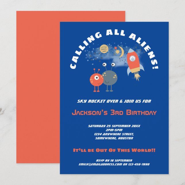 Aliens Spaceship Cartoon Boy 3rd Birthday Blue Invitation (Front/Back)