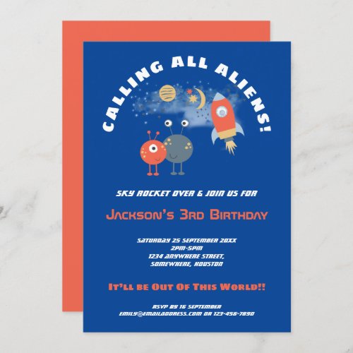 Aliens Spaceship Cartoon Boy 3rd Birthday Blue Invitation