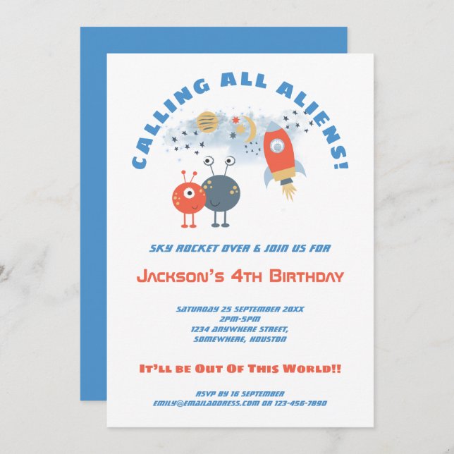 Aliens Spaceship Cartoon Boy 4th Birthday party Invitation (Front/Back)