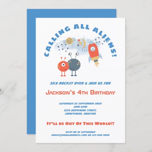 Aliens Spaceship Cartoon Boy 4th Birthday party Invitation