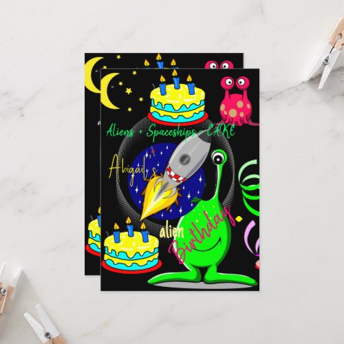 Aliens Spaceship Happy Birthday Invitation 