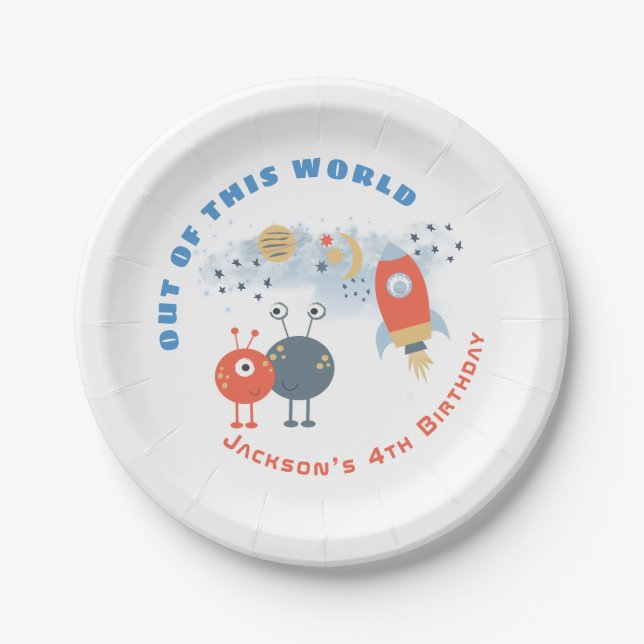 Aliens Spaceship Moon Stars Boy 4th Birthday party Paper Plates (Front)