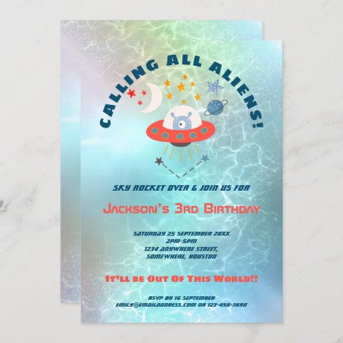 Aliens Teal Watercolor 3rd Birthday party Invitation