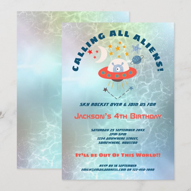 Aliens Teal Watercolor 4th Birthday party Invitation (Front/Back)