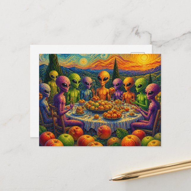 Aliens With Peaches Faux Van Gogh  Postcard (Front/Back In Situ)
