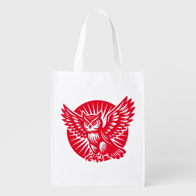 Alighting Owl in a Rayed Circle - Red Grocery Bag (Front)