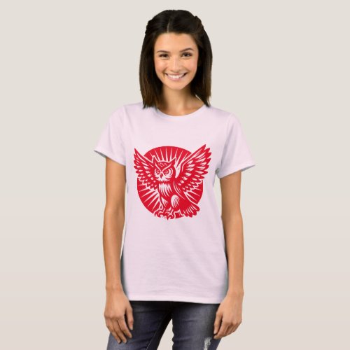 Alighting Owl in a Rayed Circle _ Red T_Shirt