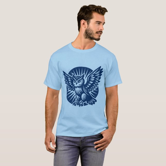 Alighting Owl in a Rayed Circle - Shibori Blue T-Shirt (Front Full)
