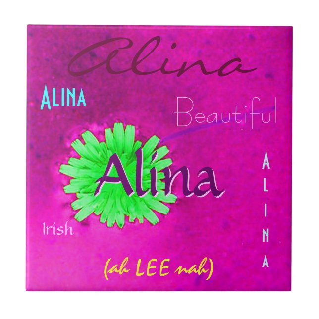 Alina Name and Irish Meaning with Green Flower Tile (Front)