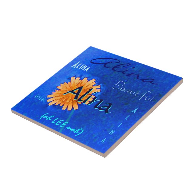 Alina Name and Irish Meaning with Orange Flower Ceramic Tile (Side)