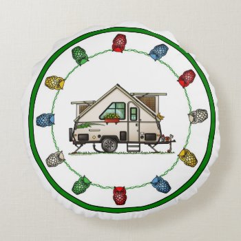 Aliner Pop Up Rv Happy Camper Art Ceramic Ornament Round Pillow by art1st at Zazzle