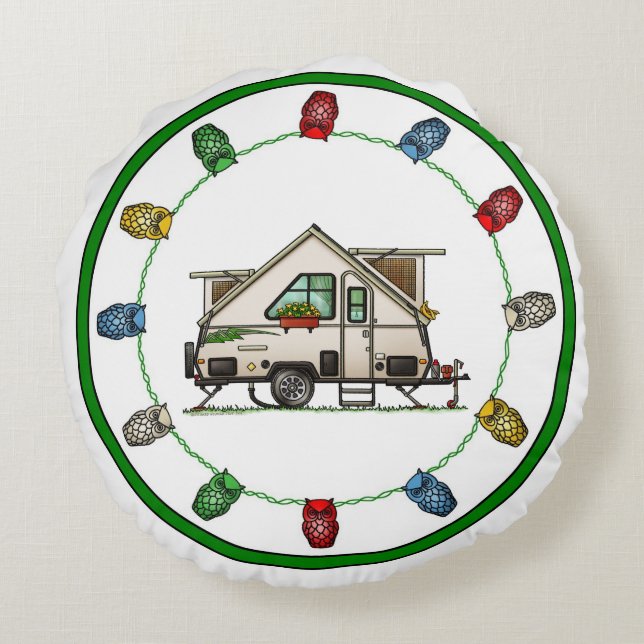Aliner Pop Up RV happy camper art Ceramic Ornament Round Pillow (Back)
