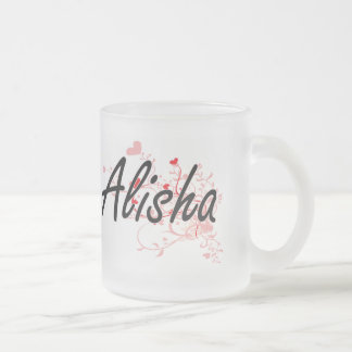 Alisha Artistic Name Design with Hearts Frosted Glass Coffee Mug