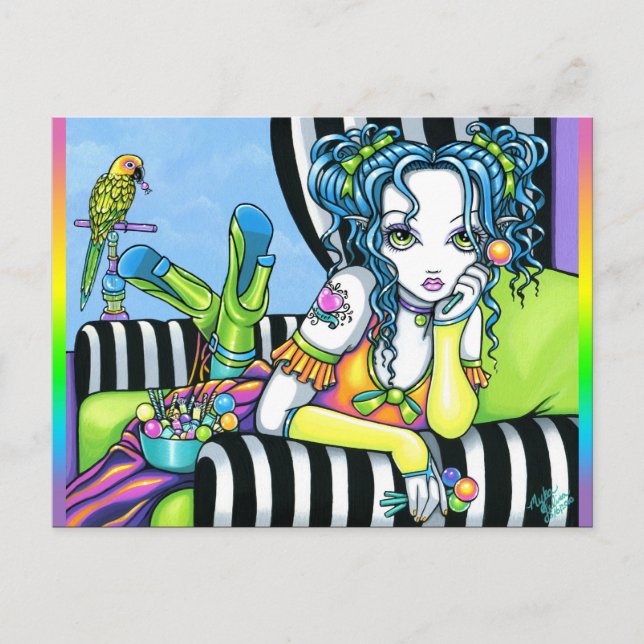 "Alisha" Candy Rainbow Parrot Fae Art Postcard (Front)