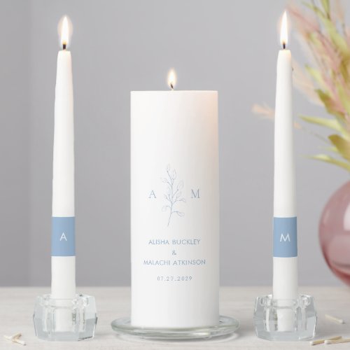 Alisha Dusty Blue Botanical Elegant Wedding Unity Candle Set