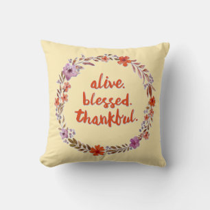 Alive Blessed Thankful Thanksgiving Wreath Throw Pillow