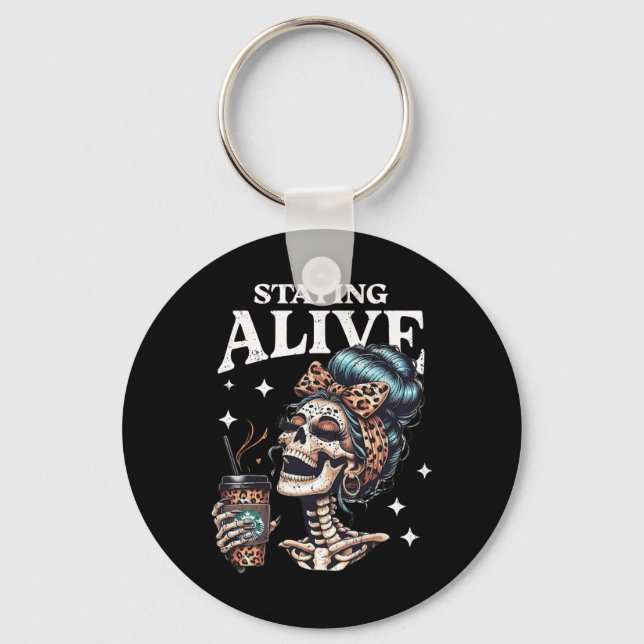Alive Skeleton Halloween Leopard Messy Bun Women T Keychain (Front)