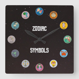 All 12 Zodiac Symbols with Star Field Square Wall Clock