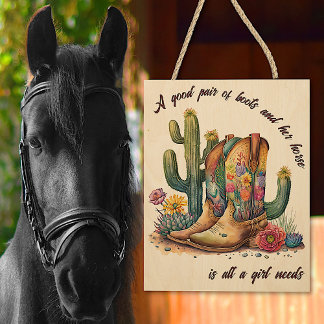 All a girl needs Cowgirl Boots Flowers and Cactus Wood Wall Art