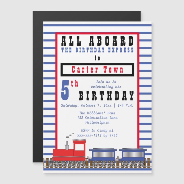 All Aboard 5th Birthday Express Choo Choo Train Magnetic Invitation (Front/Back)
