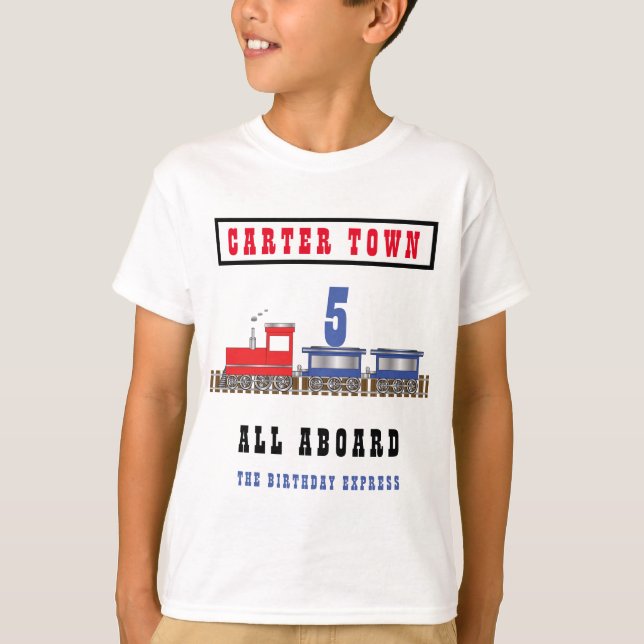 All Aboard Birthday Train Red Blue Name Age T-Shirt (Front)