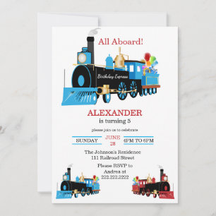 All Aboard Blue and Red Train Birthday Invitation