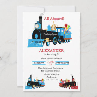 All Aboard Blue and Red Train Birthday Invitation