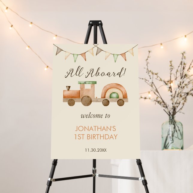 All Aboard Boho Wood Train Transport Kids Birthday Foam Board (In Situ (Stand))