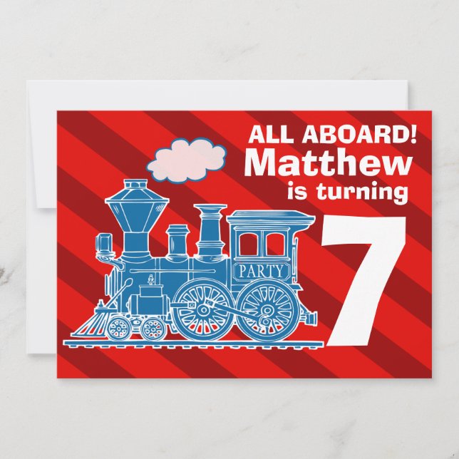 All aboard boys train birthday party invite (Front)