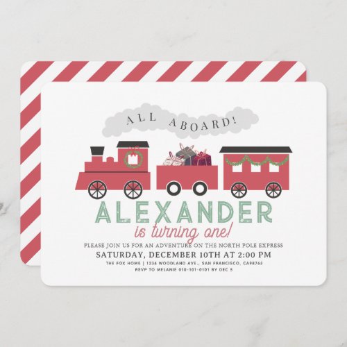 All Aboard Christmas Steam Train 1st Birthday Invitation