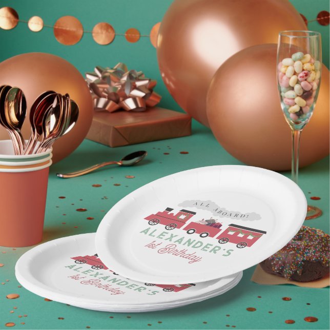 All Aboard Christmas Steam Train Birthday Paper Plates (Multi)