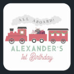 All Aboard Christmas Steam Train Birthday Square Sticker<br><div class="desc">This cute "all aboard" kid's Christmas holiday birthday sticker features a white background with a steam train in red. Personalize it for your needs. You can find matching products at my store.</div>