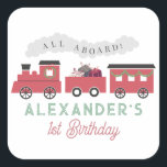 All Aboard Christmas Steam Train Birthday Square Sticker<br><div class="desc">This cute "all aboard" kid's Christmas holiday birthday sticker features a white background with a steam train in red. Personalize it for your needs. You can find matching products at my store.</div>
