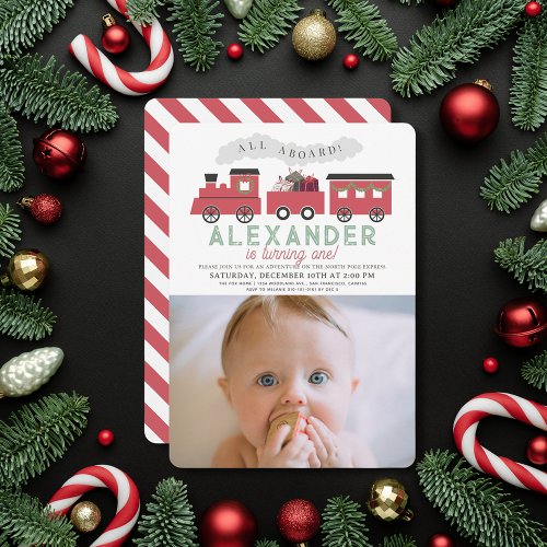 All Aboard Christmas Train 1st Birthday Photo Invitation