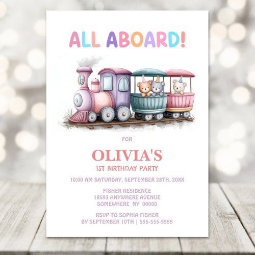 All Aboard Colorful Train 1st Birthday Invitation