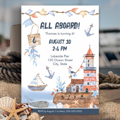 All Aboard Ocean Watercolor Kids Birthday Party Invitation