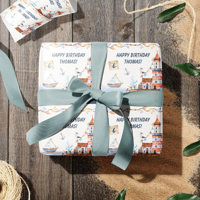 All Aboard Ocean Watercolor Kids Birthday Party Wrapping Paper (Creator Uploaded)