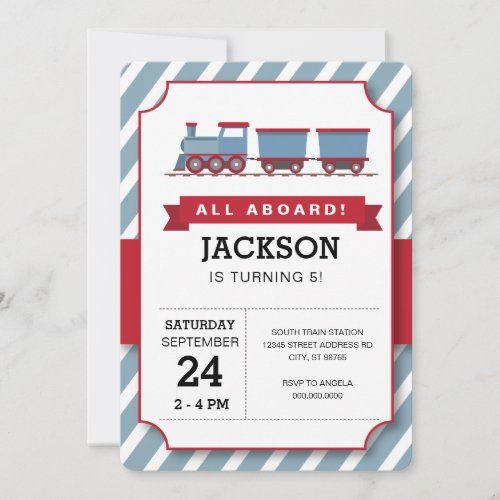 ALL ABOARD red blue train birthday party Invitation