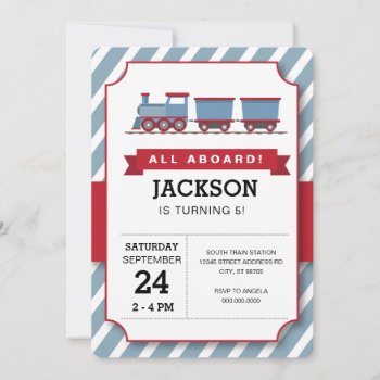 All Aboard Red Blue Train Birthday Party Invitation by LaurEvansDesign at Zazzle