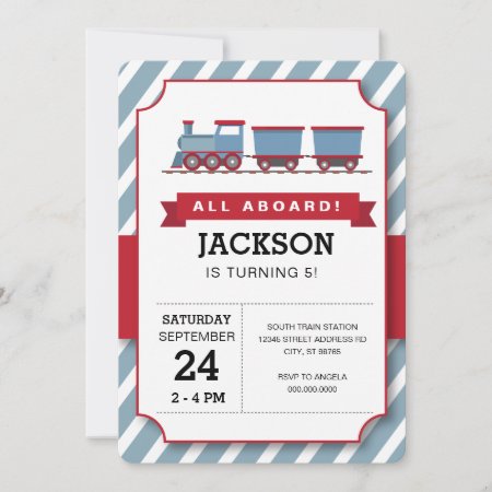 All Aboard Red Blue Train Birthday Party Invitation