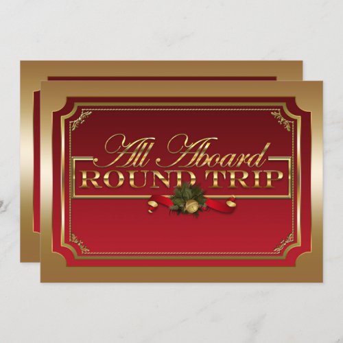 All Aboard Red  Gold Christmas Train Party Invitation