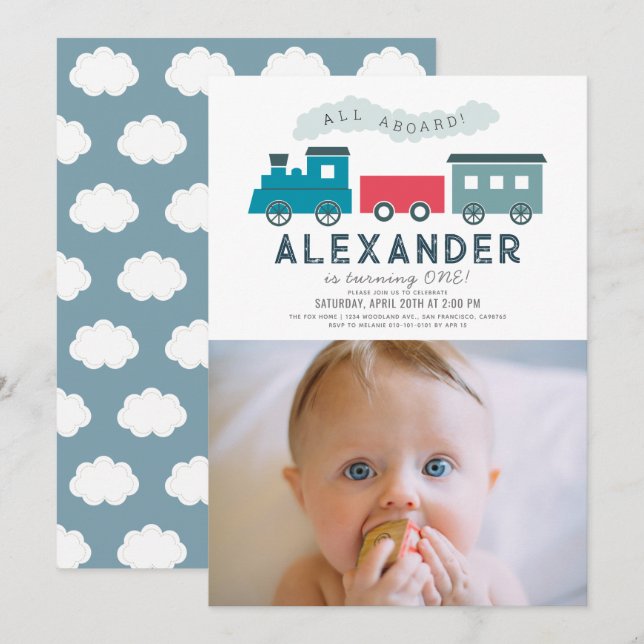 All Aboard Steam Train Blue Boy 1st Birthday Photo Invitation (Front/Back)