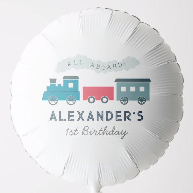 All Aboard Steam Train Blue Boy Birthday Balloon (Front)